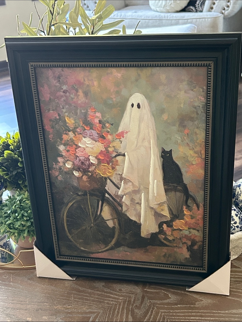 NEW! Vintage Inspired Framed Halloween Ghost Black Cat Bicycle Flower Basket Art